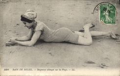 VINTAGE POSTCARD Fantasy Bath of sun Bather allongee on the beach Bathing suit