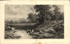 VINTAGE POSTCARD Fantasy At the edge of the pond Rose Cow