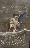 VINTAGE POSTCARD Happy New Year Woman Flag Planes For France
