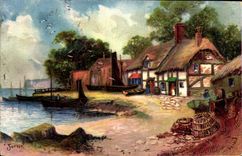 VINTAGE POSTCARD Fantasy Houses and small port Boats