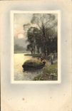 VINTAGE POSTCARD Fantasy Boat Peasants