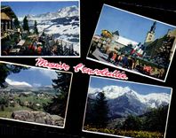 CPM Megeve ensoeillee Terrasse du Jaillet Place de L'Eglise Vue generale et le Mont Blanc Le Mont Blanc