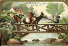 POSTAL de la VENDIMIA el Miller su hijo y el asno con las galerías de Lafayette