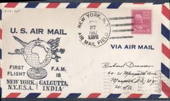 Lettre Etats Unis 1er vol New York Calcutta 27 6 1947