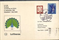 Letter 1st Flight Germany Dusseldorf New Delhi Lufthansa Peacock 6 9 1963