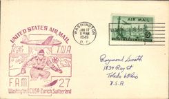Lettre Etats Unis 1st Flight Washington Zurcih Ski 17 1 1949