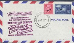 Lettre Etats Unis 1st flight Braniff Bogoto Miami 26 5 1957