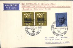 Lettre Frankfurt Rom CAiro Karachi Calcutta Bangkok Hong Kong Tokio 23 1 1961