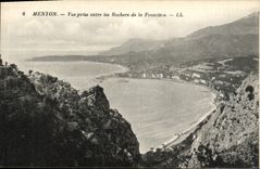 POSTAL de la VENDIMIA Menton vista entre las rocas de la frontera