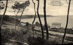 VINTAGE POSTCARD Surroundings De Plestin Gard Holy Efflam the Hotel Of the Beach And the Point of Armorique through the fir trees