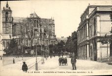 VINTAGE POSTCARD Mans Cathedral and Theater Place Jacobins