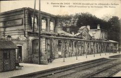 VINTAGE POSTCARD Senlis incendte by the Germans Train station Militaria