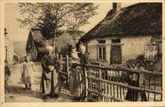 VINTAGE POSTCARD In Morvan Thatched cottage Morvandelle Folklore Children Women