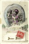 VINTAGE POSTCARD Fantaisie Woman Happy New Year Horseshoe