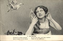 VINTAGE POSTCARD Fantasy Woman Birds Woodpigeons