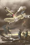 VINTAGE POSTCARD Fantasy Soldier Militaria Zeppelin Plane Boats
