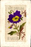VINTAGE POSTCARD Fantaisie Brodee I think has to you Fleurs