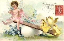 VINTAGE POSTCARD Fantasy Children Angel Easter Chick Child