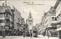 VINTAGE POSTCARD Freiburg I Br Kaiserstrasse MIT Martinstor Tram