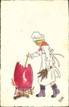VINTAGE POSTCARD Illustrator Melek Child cooking a hen
