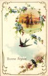 CPA Fantaisie Fleurs Hirondelle Bonne Annee