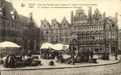 VINTAGE POSTCARD Ghent Places co. Pharailde Ancien Old people's home St Laurent And Marche At Polssons Gent St Veeleplein Oud