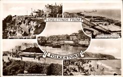VINTAGE POSTCARD Greetings From Folkestone The leads and Bandstand The sands Navy gardens