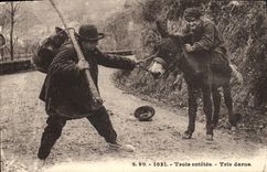 Títulos de la POSTAL tres de la VENDIMIA que clasifican el asno de Darus