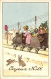 CPA Joyeux Noel Fantaisie Train Lapins Ange