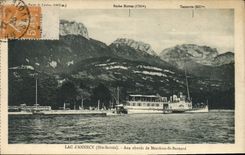 Lago annecy de la POSTAL de la VENDIMIA a los accesos del barco del St Bernaard de Menthon