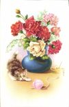 CPA Fantaisie Fleurs Chat