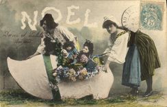 VINTAGE POSTCARD Fantasy Woman Children Christmas shoe