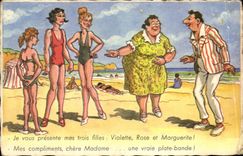 VINTAGE POSTCARD Fantaisie Humor I present to you my three daughters Violette Rose and Marguerite