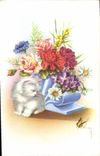 CPA Fantaisie Fleurs Chat Chaton Papillon