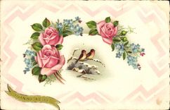 VINTAGE POSTCARD Fantasy Pink Birds