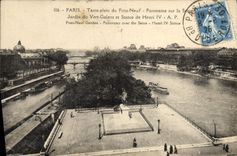 CPA Paris Terre Plein Du Pont Neuf Panorama Sur La Seine Jardin Du Vert Galant Et Statue De Henri IV