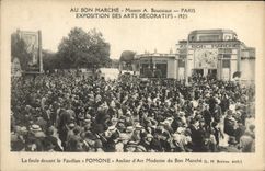 VINTAGE POSTCARD Paris International exhibition Of Decorative Arts To the Good market House crowd in front of the Pomone house