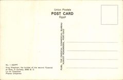 Rey Khephren Builder de Egipto de la POSTAL de la VENDIMIA de la segunda pirámide de Giza Egipto
