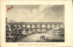 POSTAL Gard de la VENDIMIA visto del puente de Gard cerca de la publicidad de Nimes Maggi