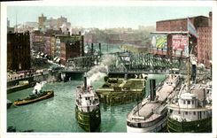 VINTAGE POSTCARD Chicago Rush street Bridge Boats