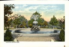 VINTAGE POSTCARD Fountain Capron Park North hand street from Library Looking East Library