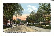 VINTAGE POSTCARD Fountain Capron Park North hand street from Library Looking East Library