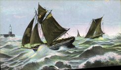 VINTAGE POSTCARD Boat of sin rejoining the port by heavy weather Boat
