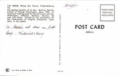 MODERN CARD Tap Room Rising Sun Tavern Fredericksburg Goes Hotel built by Charles brother off George Washington