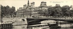 VINTAGE POSTCARD Paris Large size the Town hall and the Bridge of Arcole Boat Barge 28.5 * 11 cm