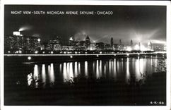 VINTAGE POSTCARD Night View South Michigan Aveue Skyline Chicago