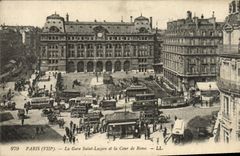 VINTAGE POSTCARD Paris Train station Holy Lazare And Court Of Rome Bus
