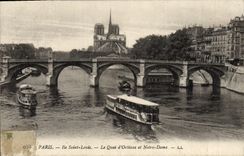 CPA Paris Ile Saint Louis Le Quai D'Orleans Et Notre Dame Bateau Peniche