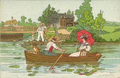 VINTAGE POSTCARD Souvenir Of the Galleries Remoises Femme in Sinning the Chien boat Fishes