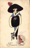 VINTAGE POSTCARD Fantasy Woman Happy New Year Dog